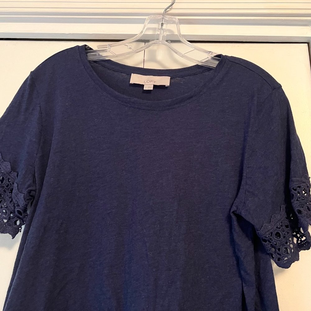 Loft Navy, Cotton Short Sleeve T-Shirt w/Crochet Hem and Sleeves - Medium - Picture 3 of 4